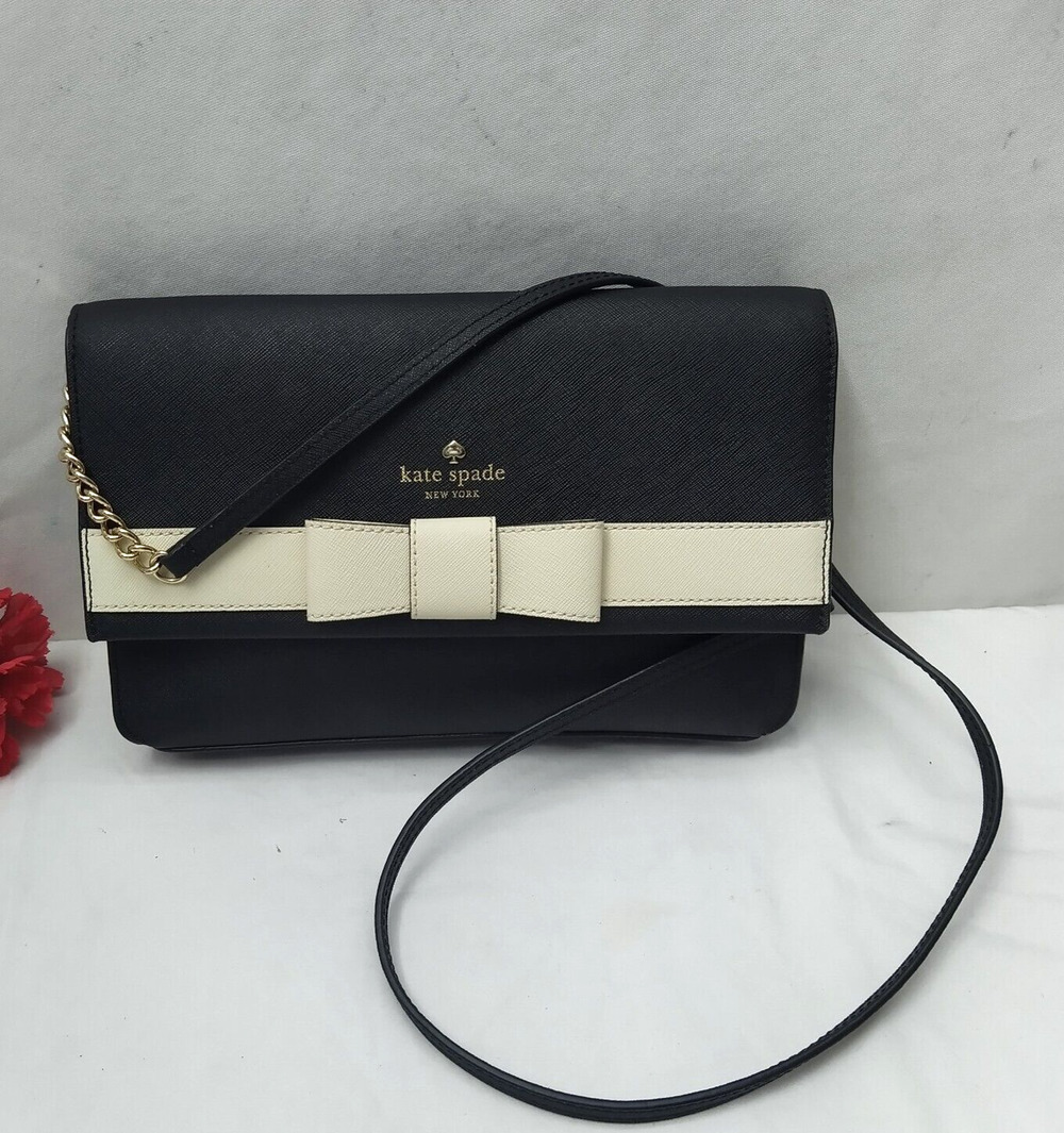 Kate Spade New York Black Leather White Stripe Bow Flap Closure Crossbody Bag